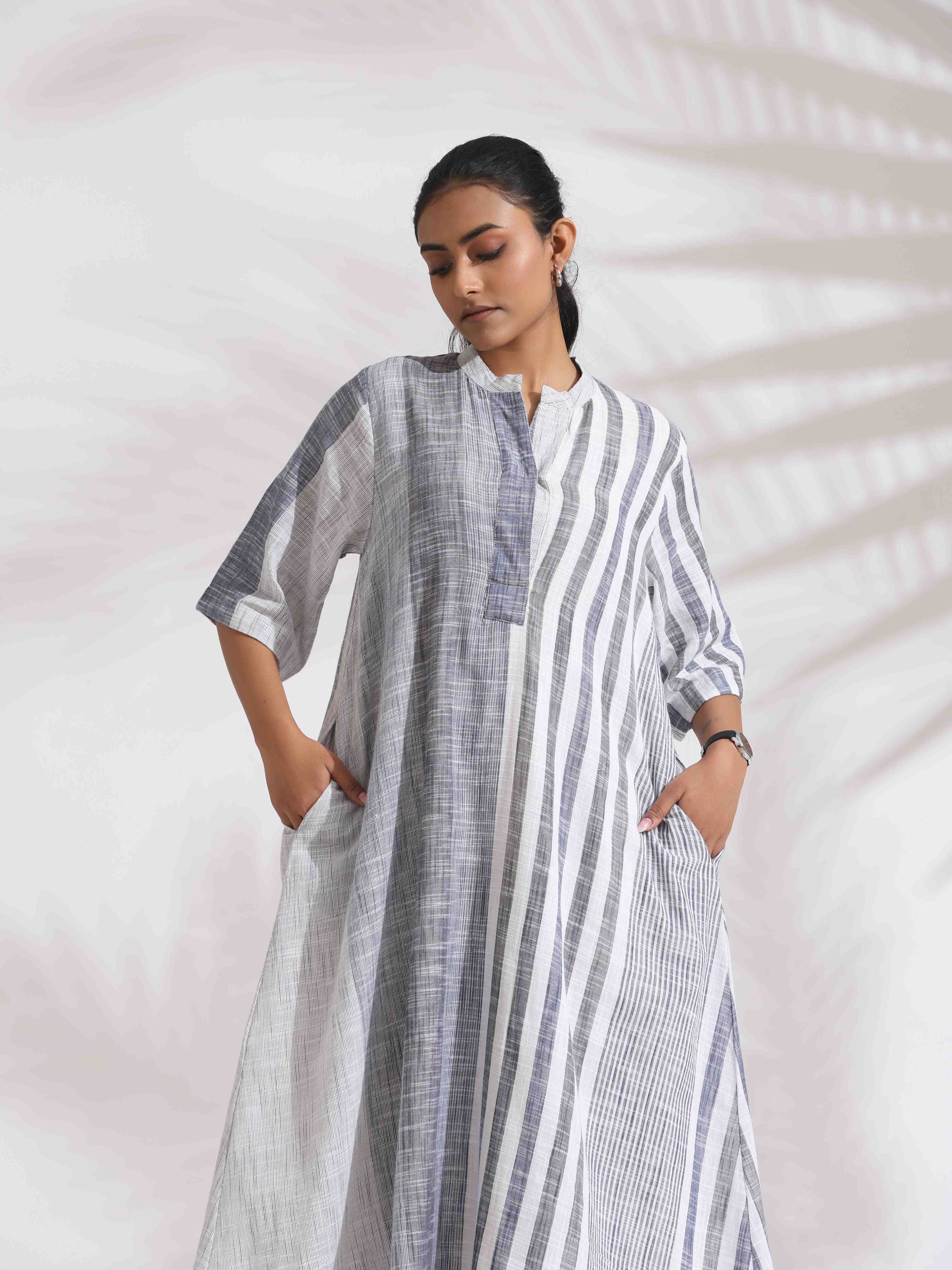 trueBrowns Off-White Cotton Multi Stripe Flared Dress - Distacart