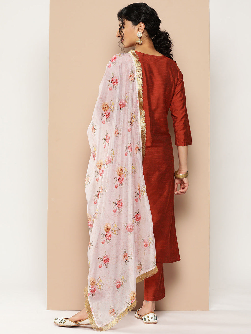 KSUT (House of Varanga) Embroidered Kurta Paired With Pant And Printed Dupatta With Zari Fringes - Distacart