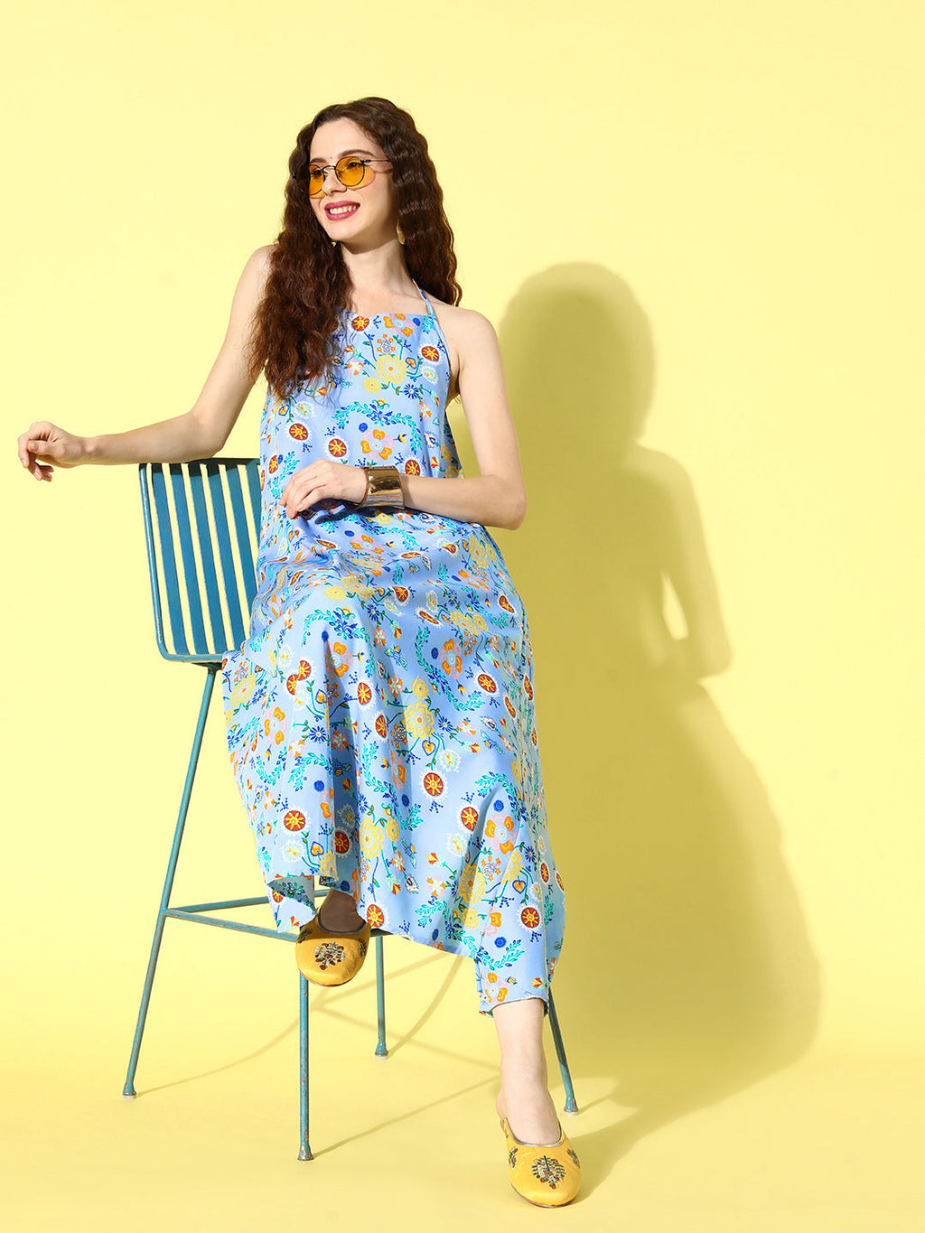 InWeave Women's Sky Blue Print Backless Long Kurta Pant Set