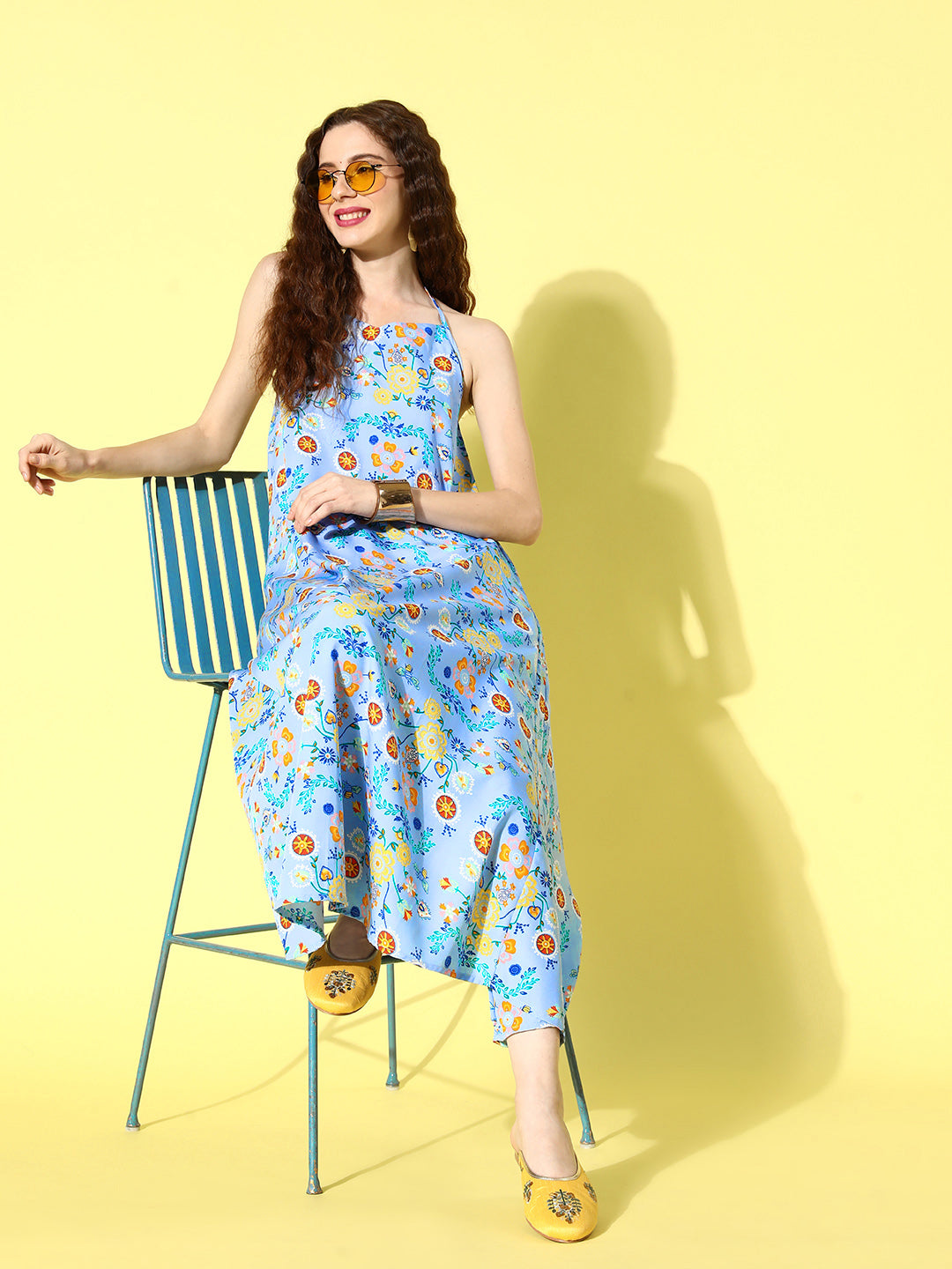 InWeave Women's Sky Blue Print Backless Long Kurta Pant Set