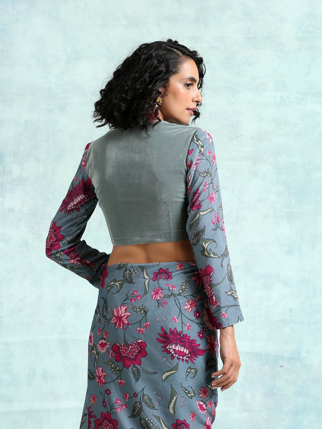 trueBrowns Grey Printed Sleeve Velvet Blouse