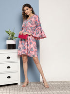 InWeave Women's Pink Floral Blue Bell Sleeve Dress - Distacart