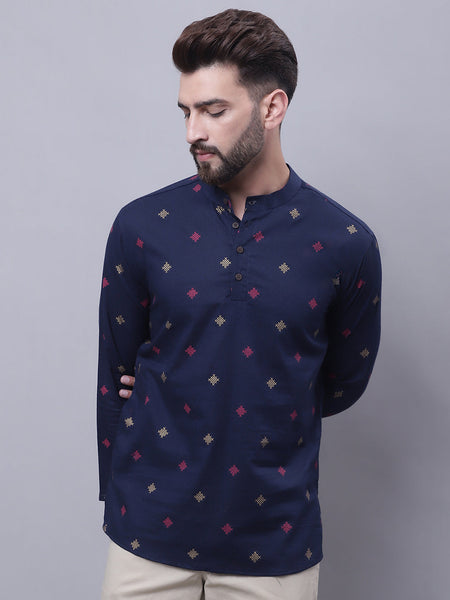 Even Apparels Blue Pure Cotton Short Kurta With Band Collar