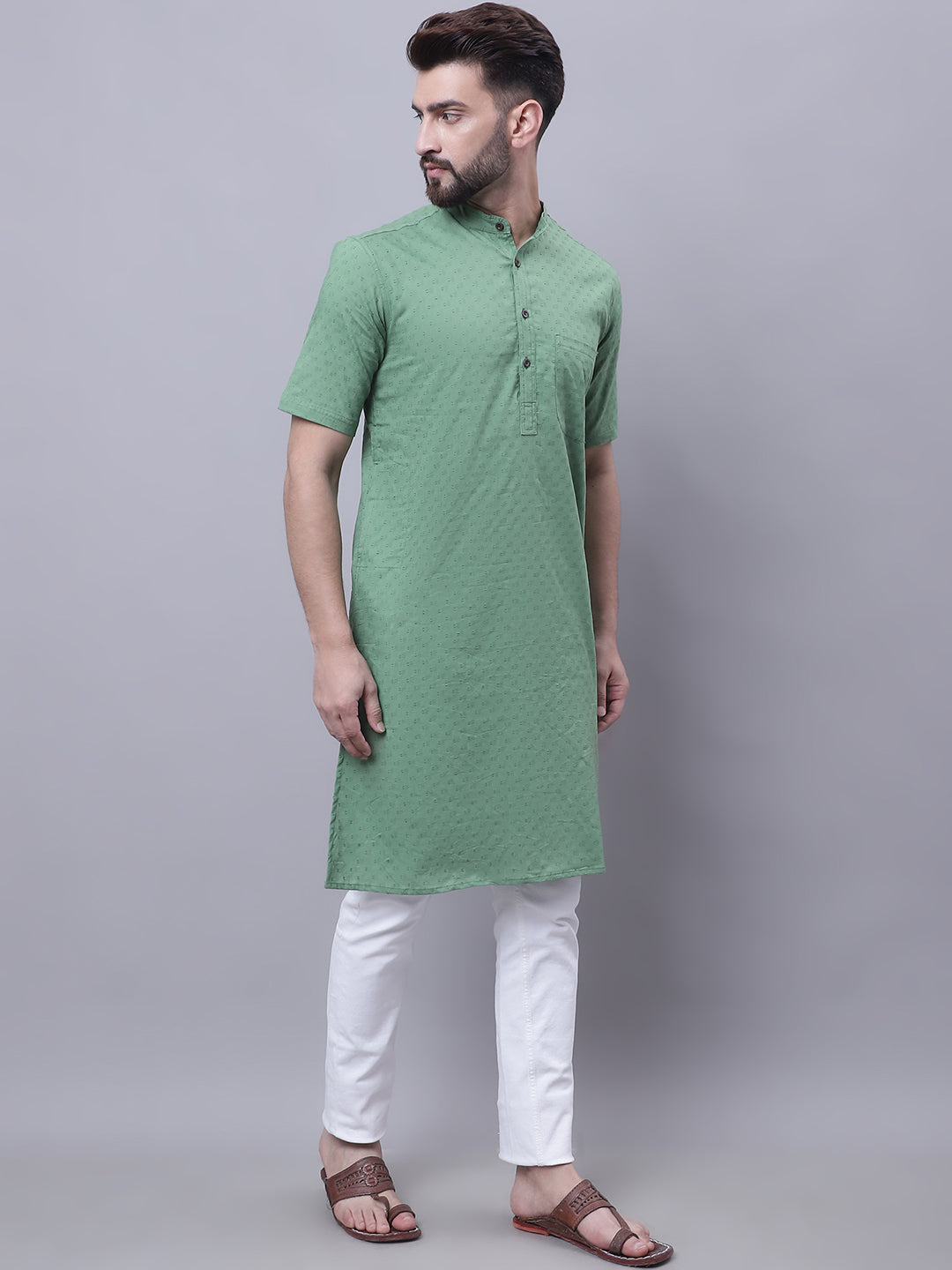Even Apparels Green Pure Cotton Short Sleeves Kurta With Band Collar - Distacart