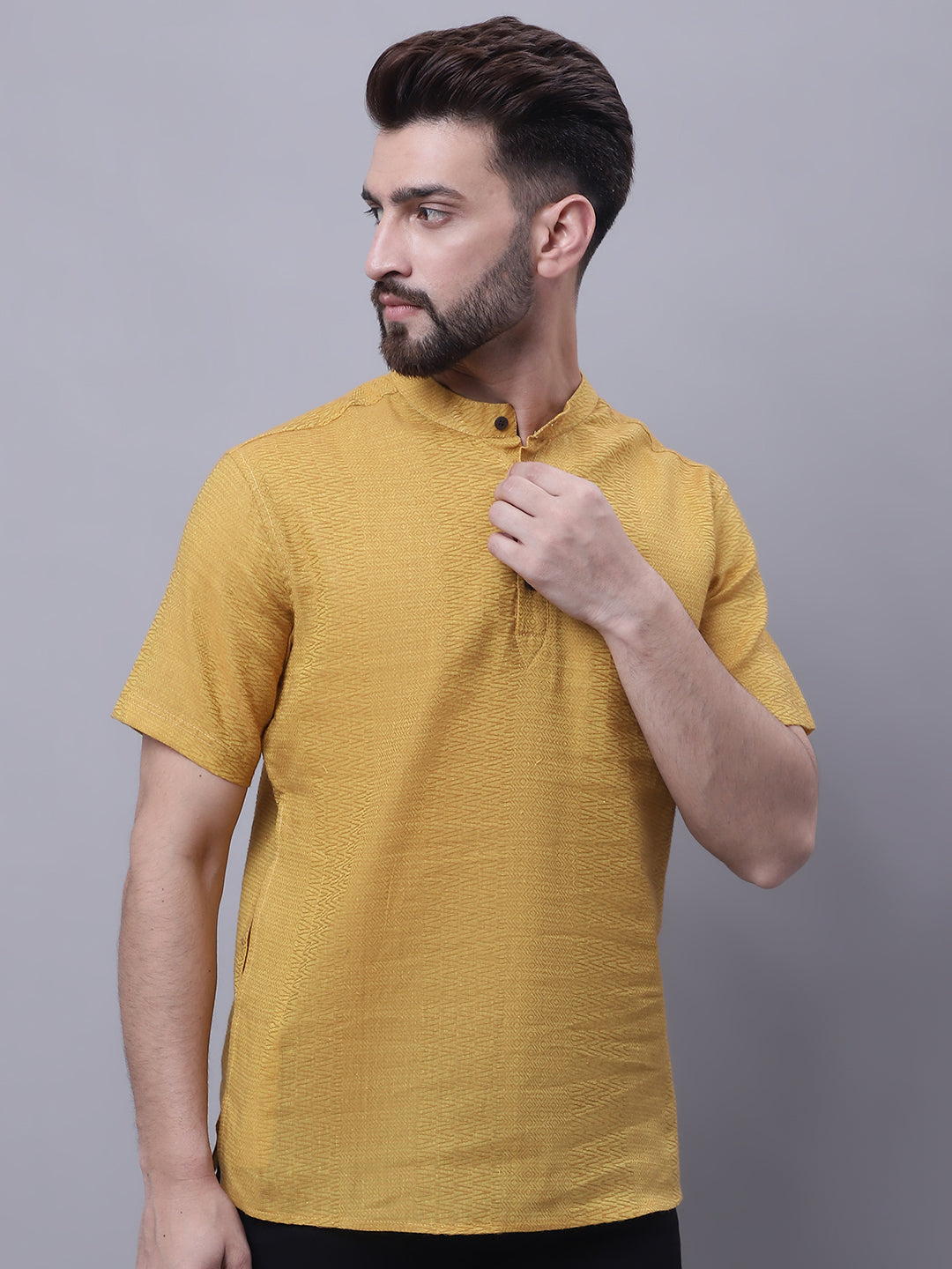 Even Apparels Yellow Pure Cotton Short Sleeves Kurta With Band Collar - Distacart