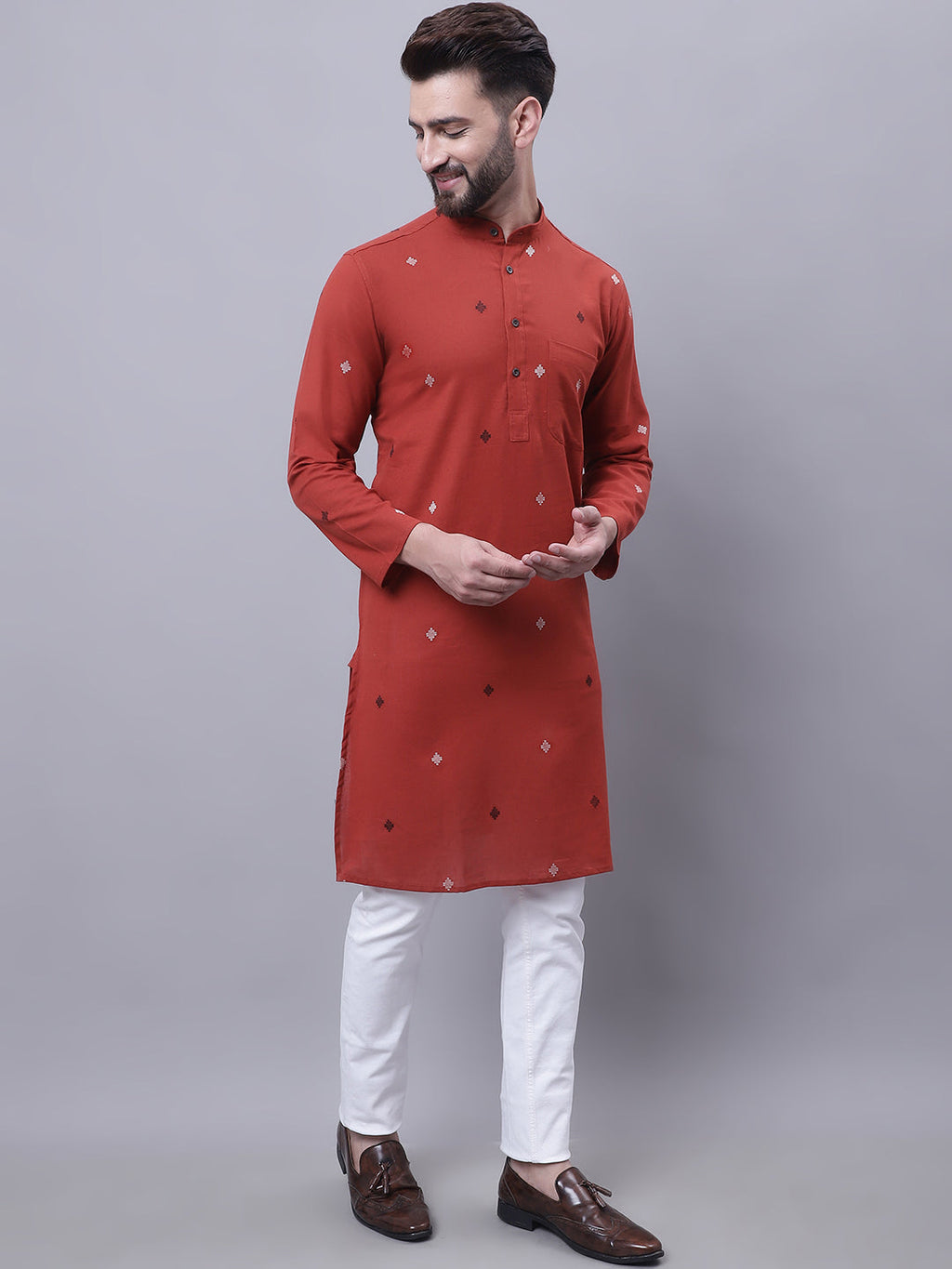 Even Apparels Rust Pure Cotton Kurta With Band Collar - Distacart