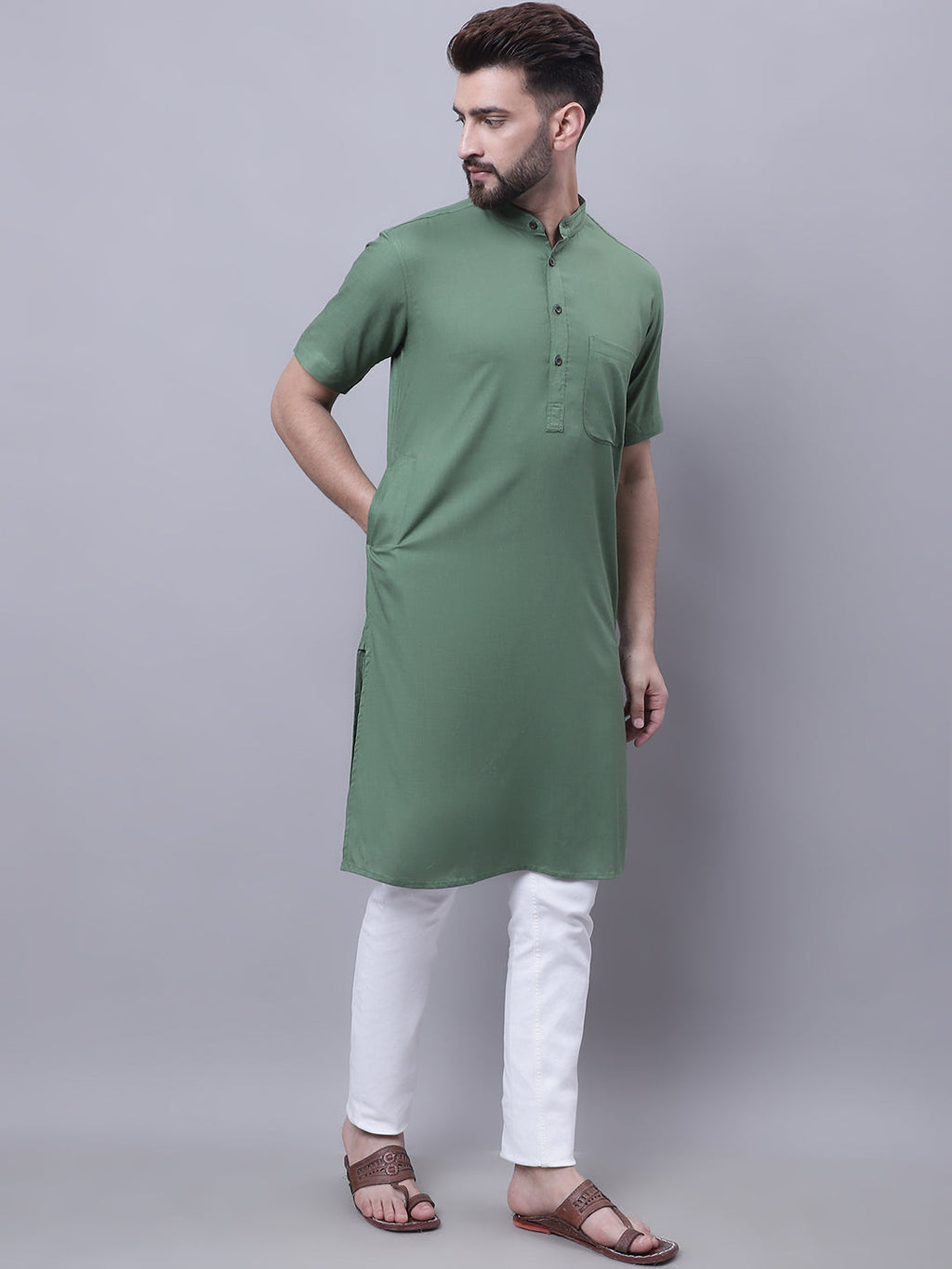 Even Apparels Green Pure Cotton Short Sleeves Kurta With Band Collar - Distacart