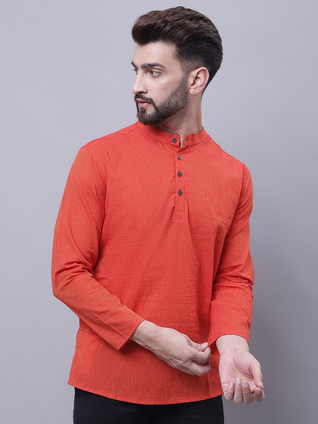 Even Apparels Orange Pure Cotton Short Kurta With Band Collar