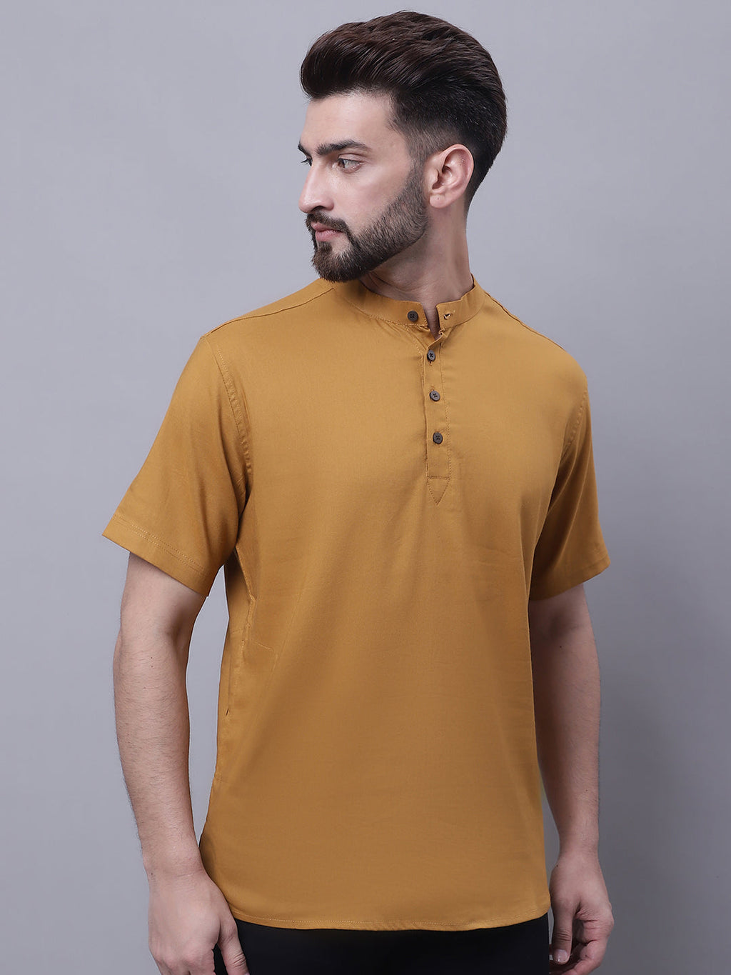 Even Apparels Brown Pure Cotton Short Kurta With Band Collar - Distacart