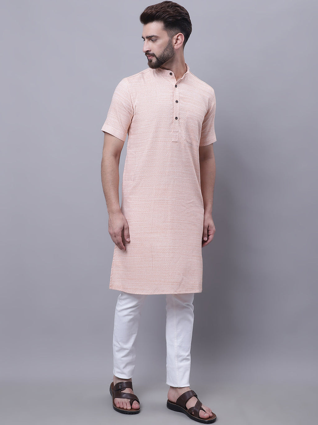 Even Apparels Peach Pure Cotton Short Sleeves Kurta With Band Collar - Distacart