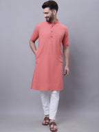 Even Apparels Peach Pure Cotton Short Sleeves Kurta With Band Collar - Distacart