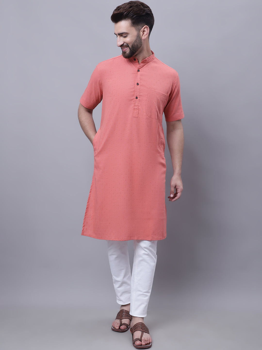 Even Apparels Peach Pure Cotton Short Sleeves Kurta With Band Collar - Distacart