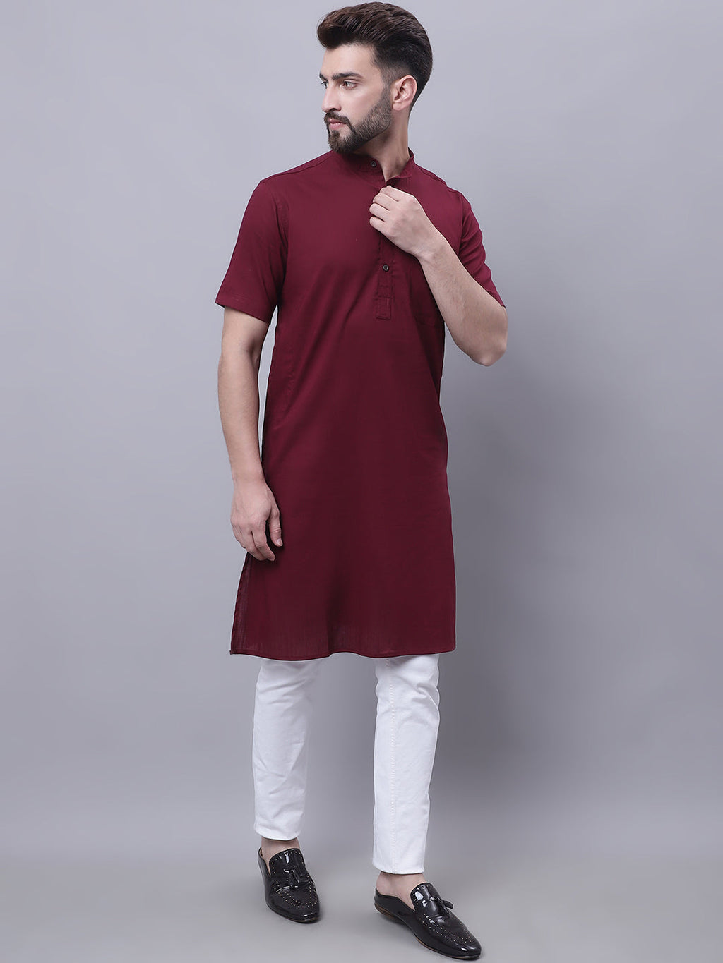 Even Apparels Red Pure Cotton Short Sleeves Kurta With Band Collar - Distacart