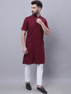 Even Apparels Red Pure Cotton Short Sleeves Kurta With Band Collar - Distacart