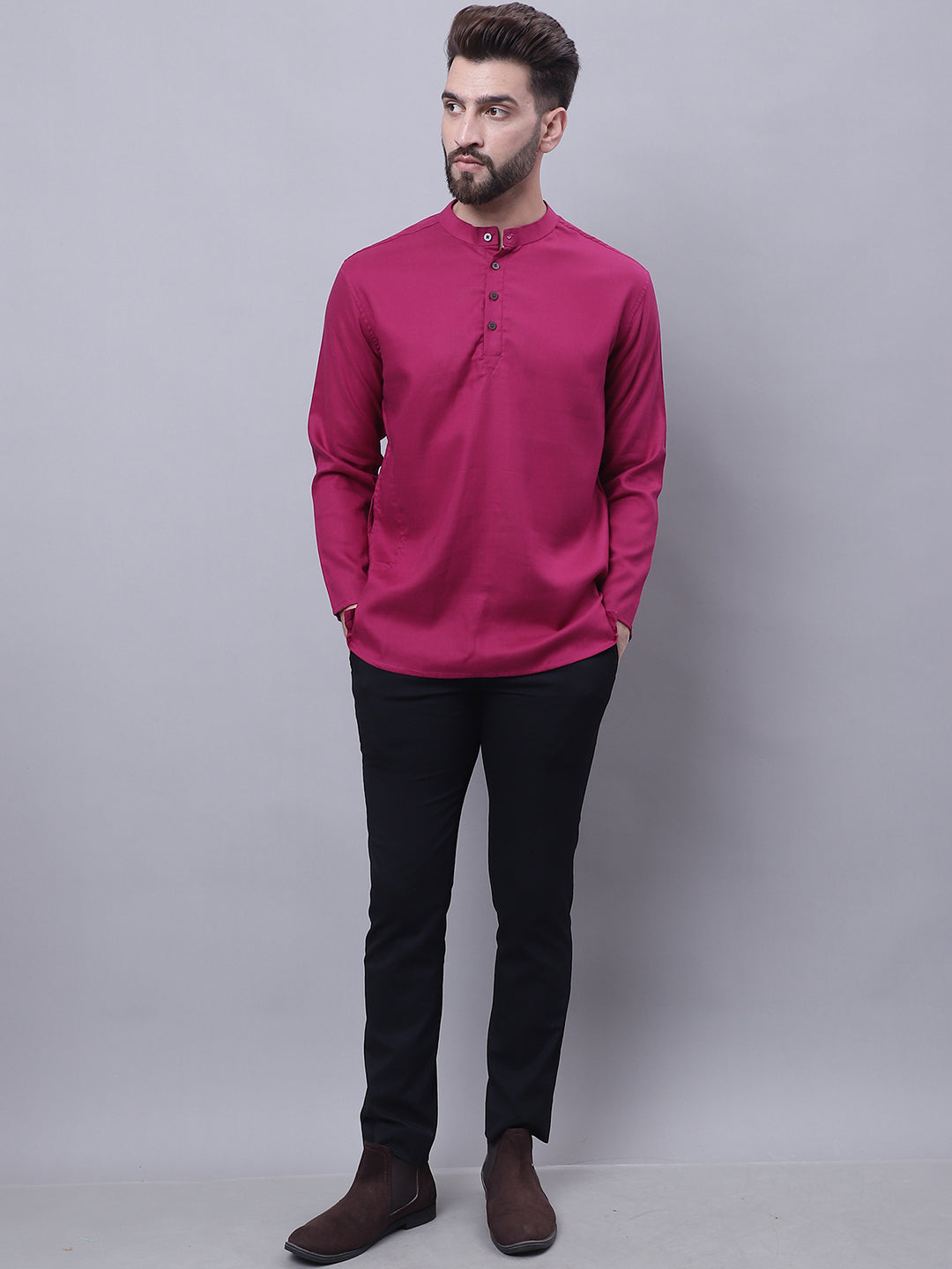 Even Apparels Wine Pure Cotton Short Kurta With Band Collar - Distacart