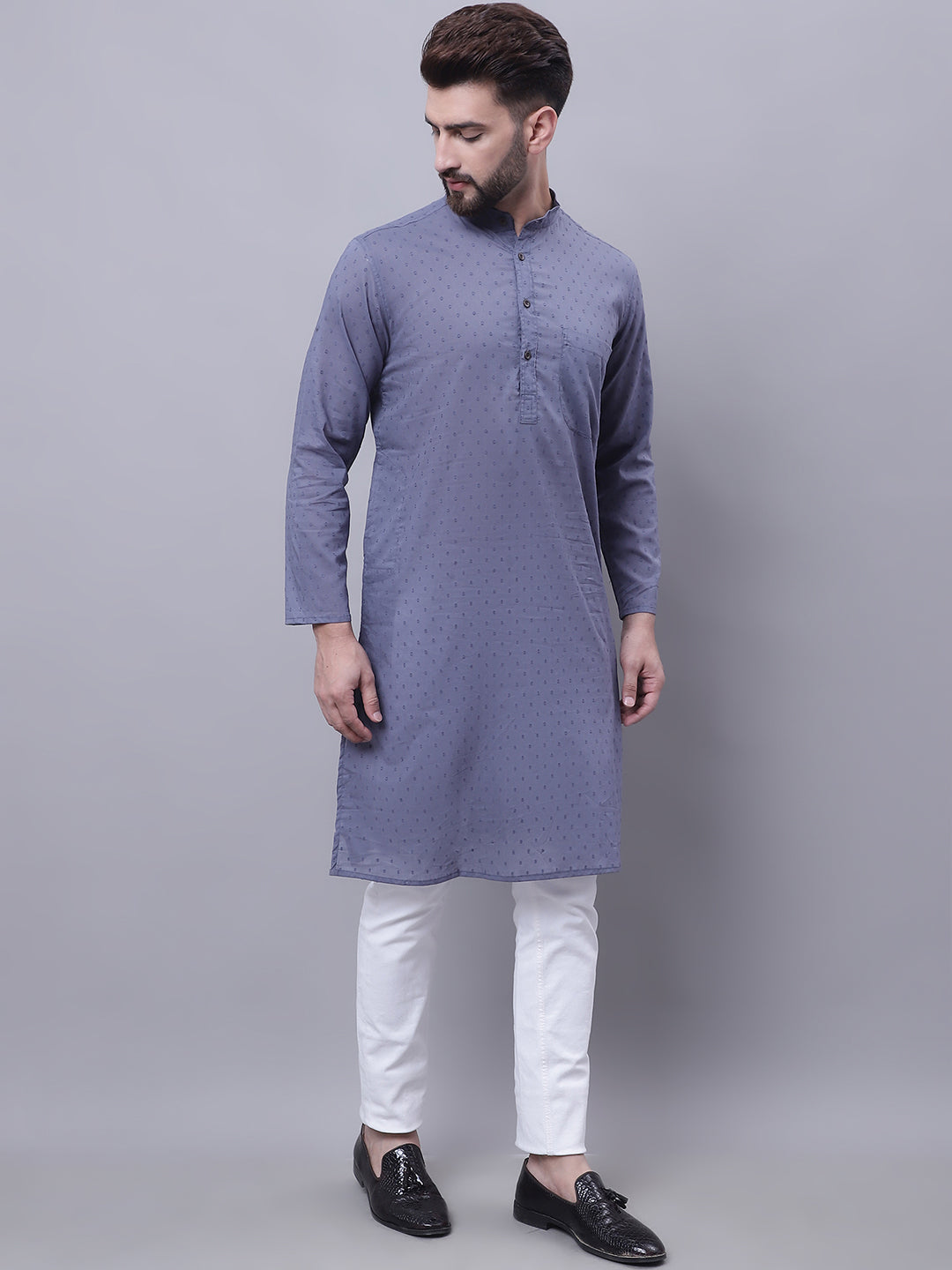 Even Apparels Grey Pure Cotton Kurta With Band Collar - Distacart