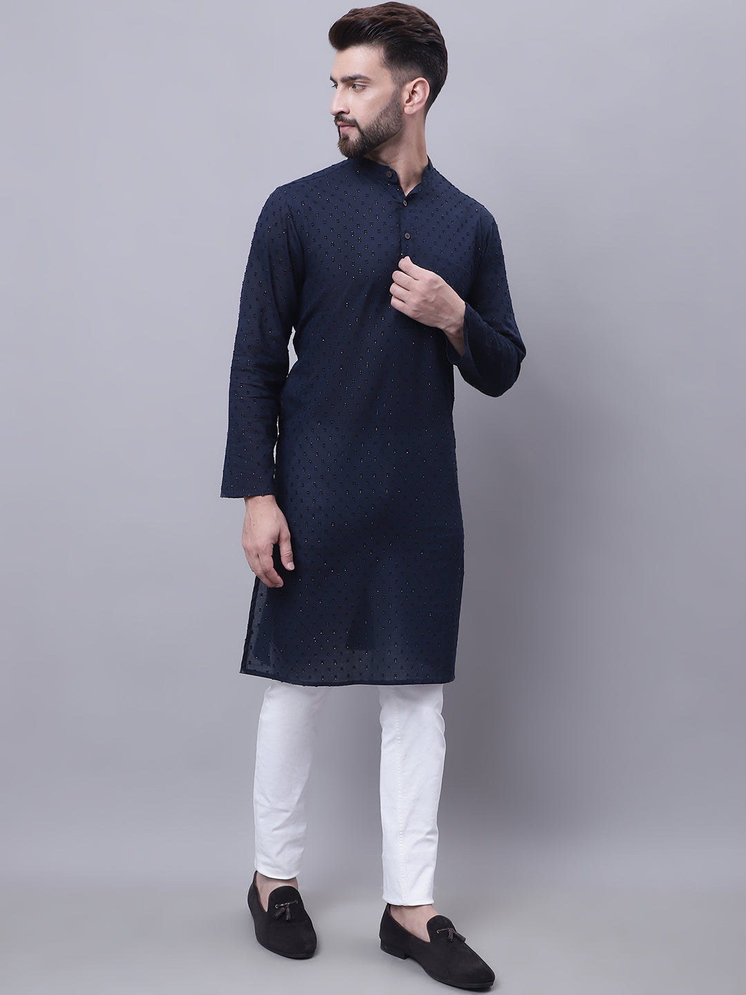 Even Apparels Blue Pure Cotton Kurta With Band Collar - Distacart