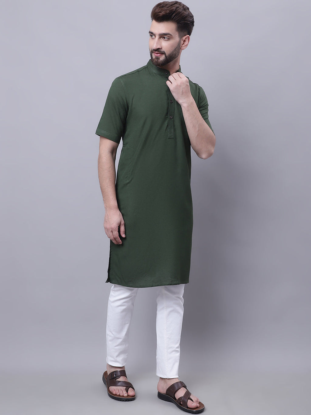 Even Apparels Green Pure Cotton Short Sleeves Kurta With Band Collar - Distacart