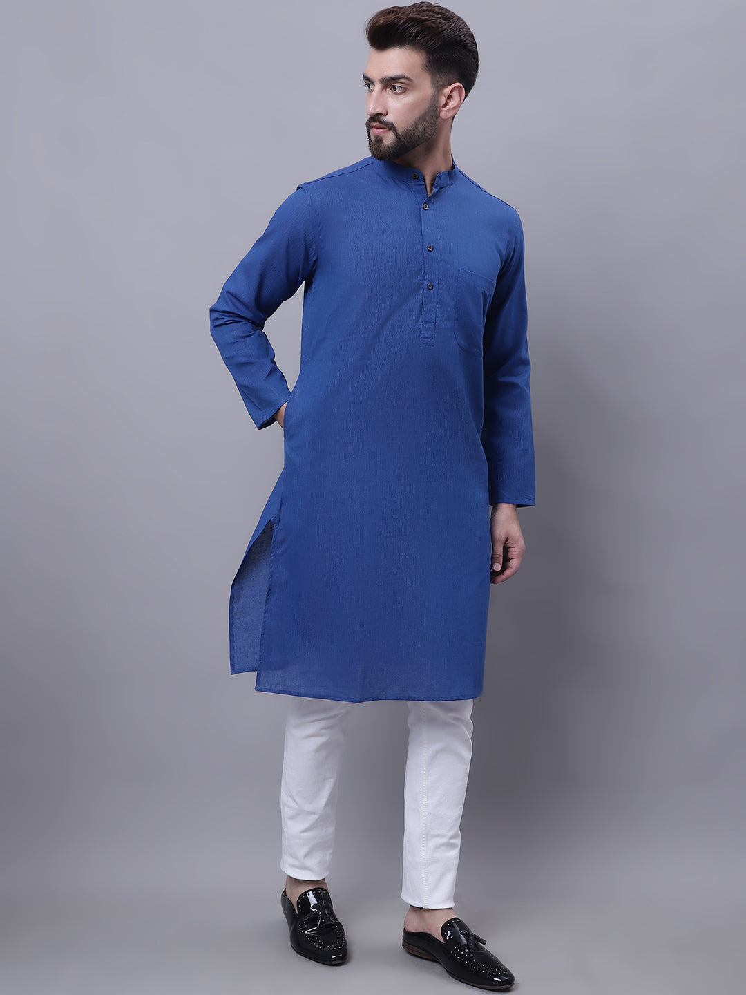 Even Apparels Blue Pure Cotton Kurta With Band Collar - Distacart