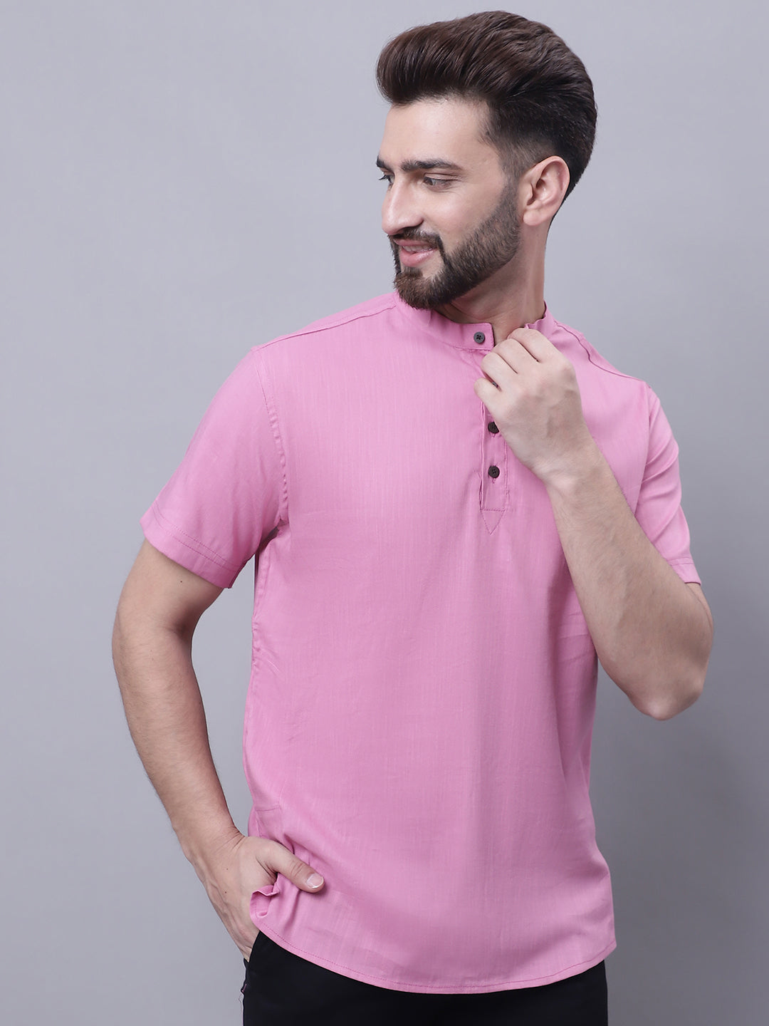 Even Apparels Pink Pure Cotton Short Kurta With Band Collar - Distacart