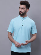 Even Apparels Blue Pure Cotton Short Kurta With Band Collar - Distacart