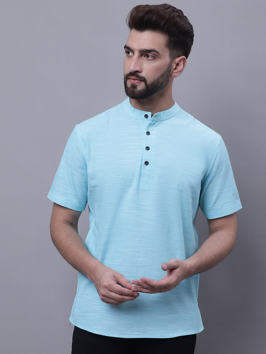 Even Apparels Blue Pure Cotton Short Kurta With Band Collar - Distacart