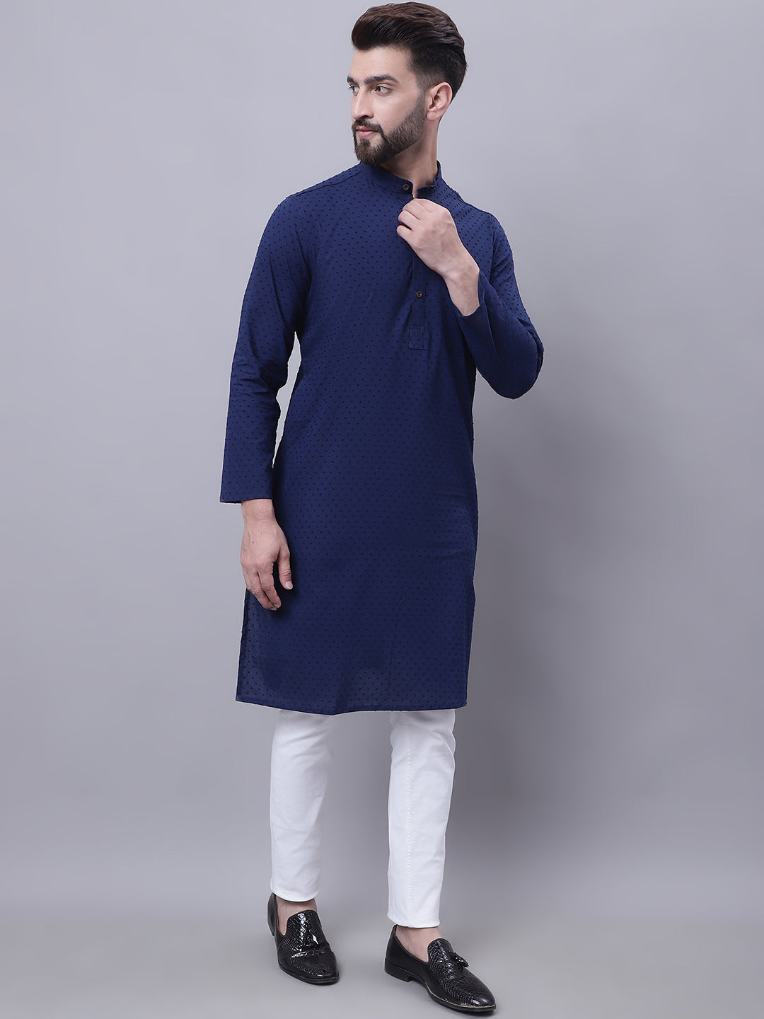 Even Apparels Blue Pure Cotton Kurta With Band Collar - Distacart