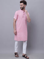 Even Apparels Pink Pure Cotton Short Sleeves Kurta With Band Collar - Distacart