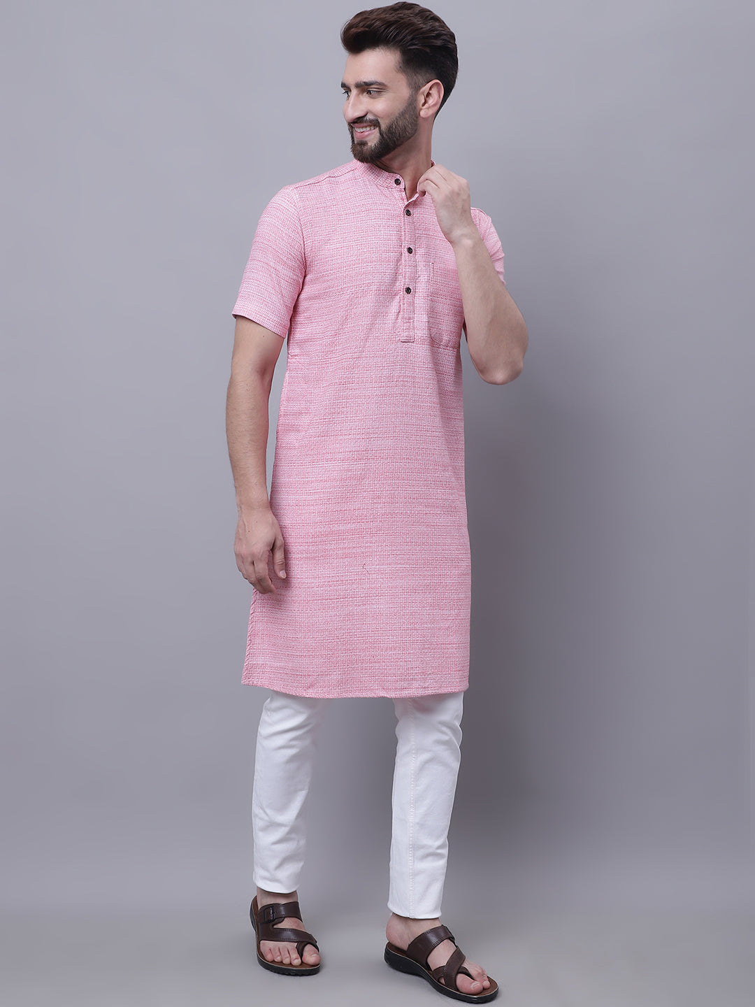 Even Apparels Pink Pure Cotton Short Sleeves Kurta With Band Collar - Distacart