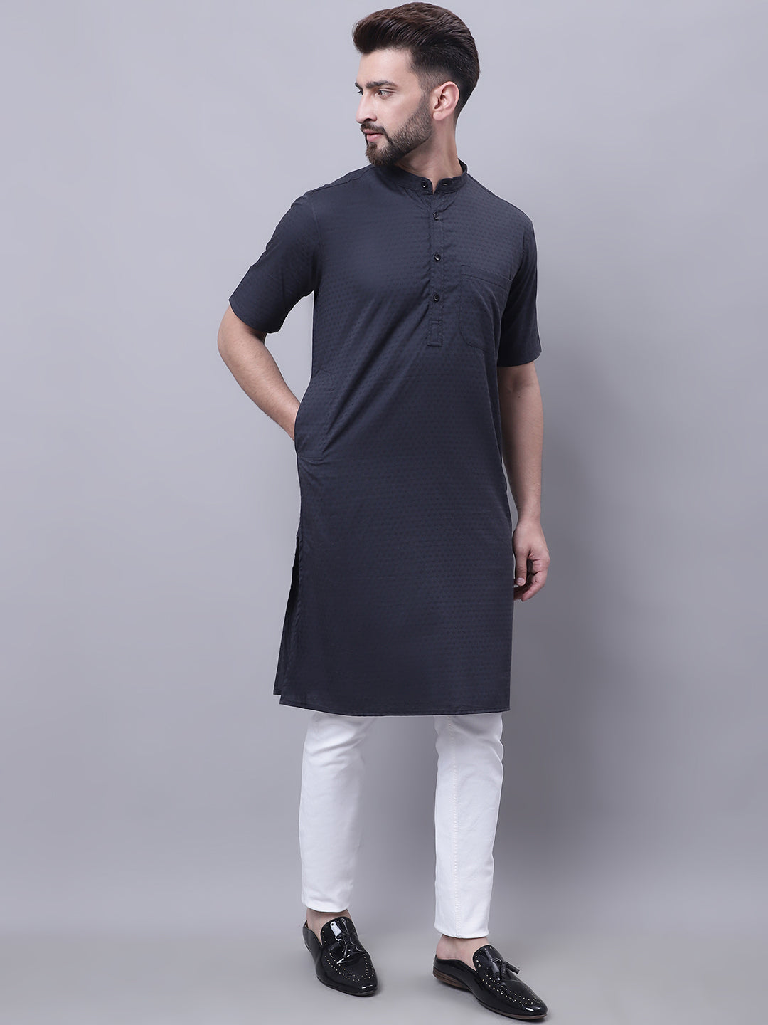 Even Apparels Black Pure Cotton Short Sleeves Kurta With Band Collar