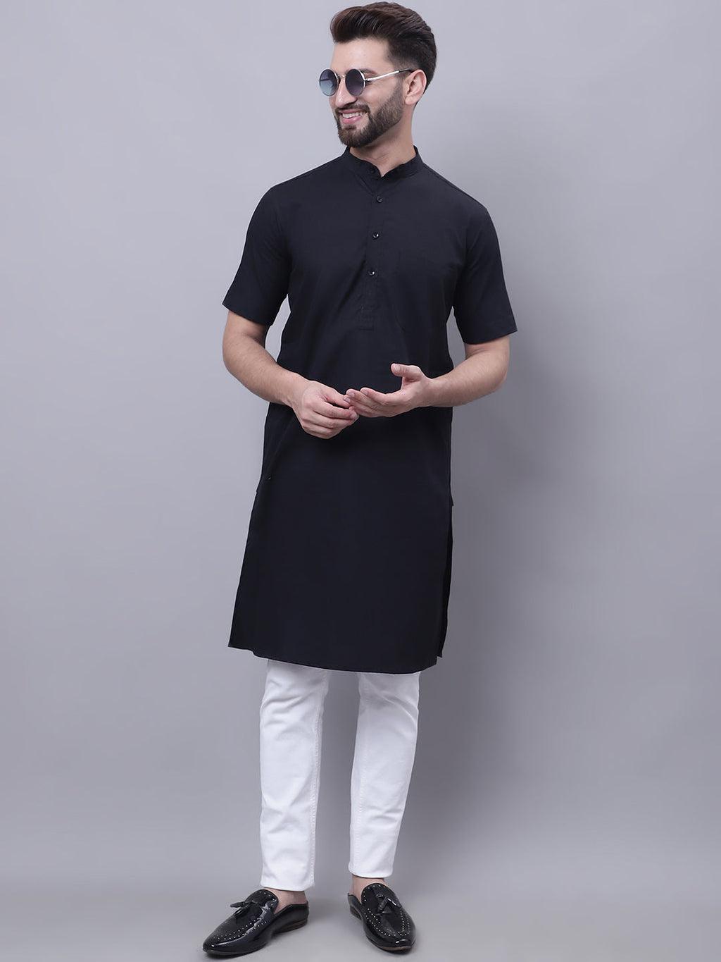 Even Apparels Black Pure Cotton Short Sleeves Kurta With Band Collar