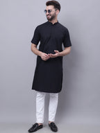 Even Apparels Black Pure Cotton Short Sleeves Kurta With Band Collar