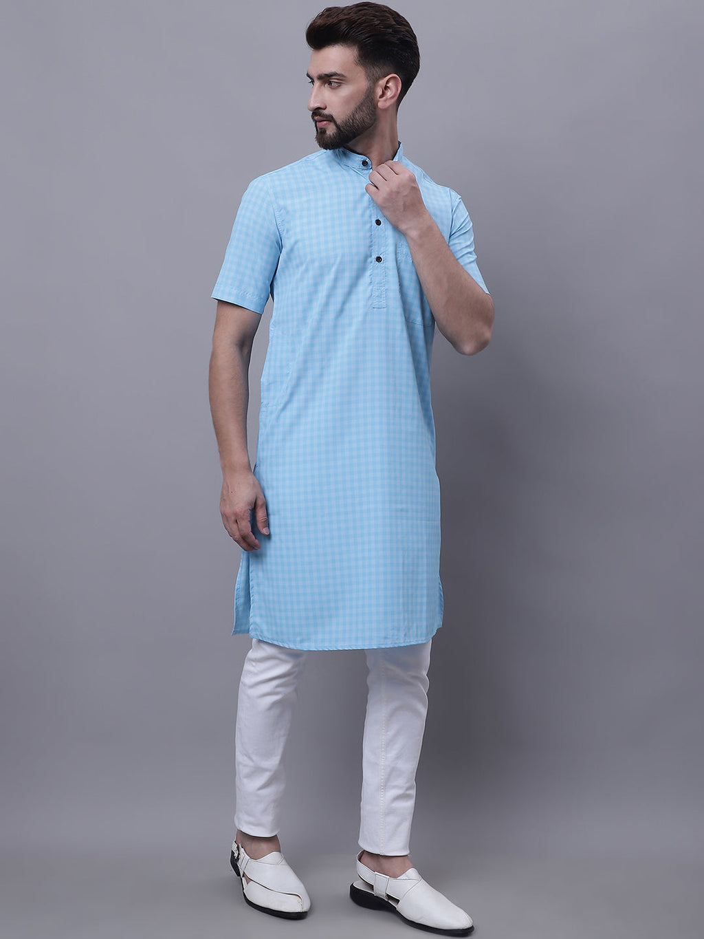 Even Apparels Blue Pure Cotton Short Sleeves Kurta With Band Collar - Distacart