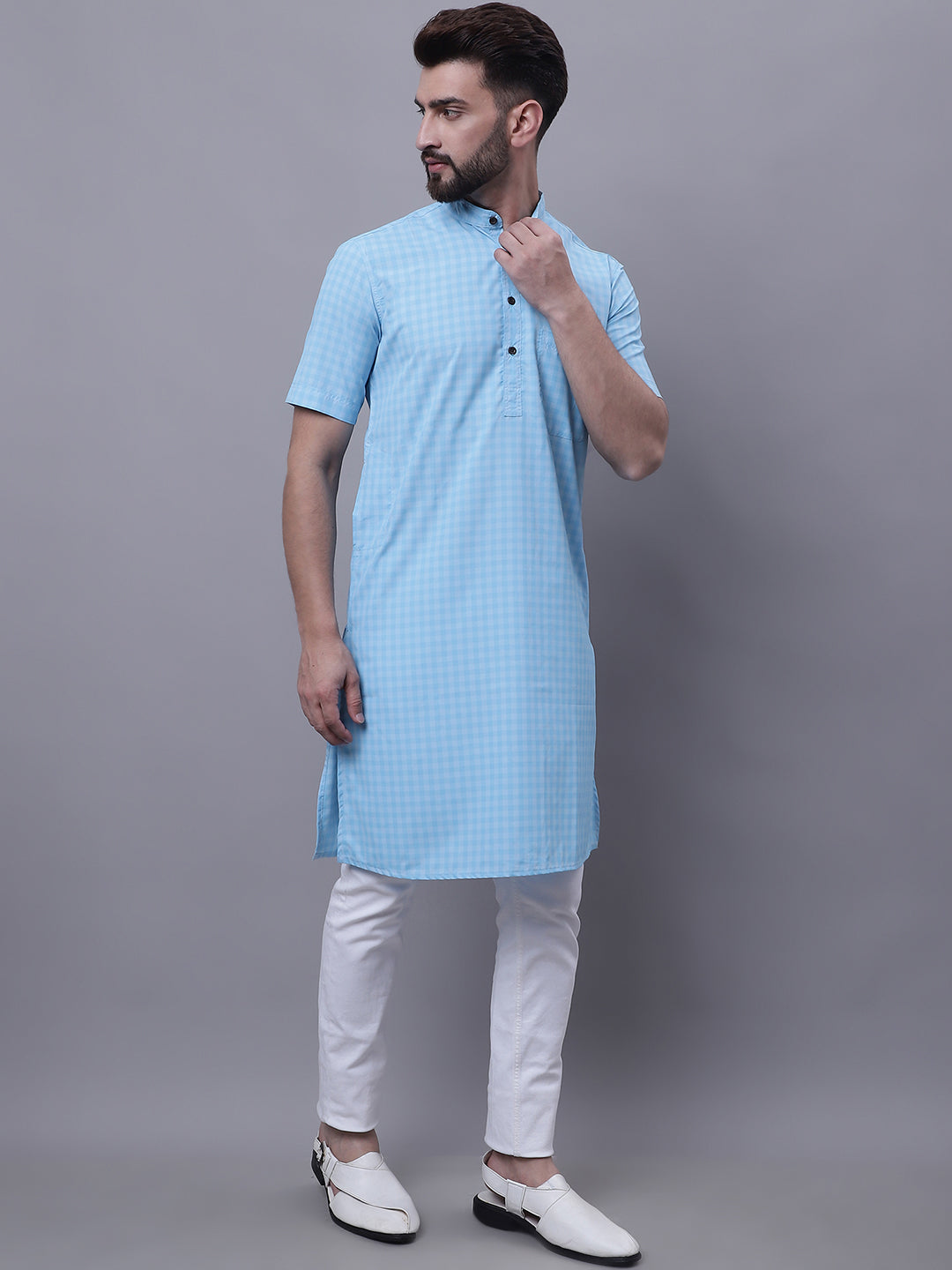 Even Apparels Blue Pure Cotton Short Sleeves Kurta With Band Collar - Distacart