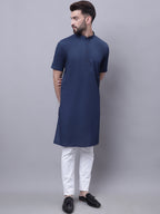 Even Apparels Blue Pure Cotton Short Sleeves Kurta With Band Collar - Distacart