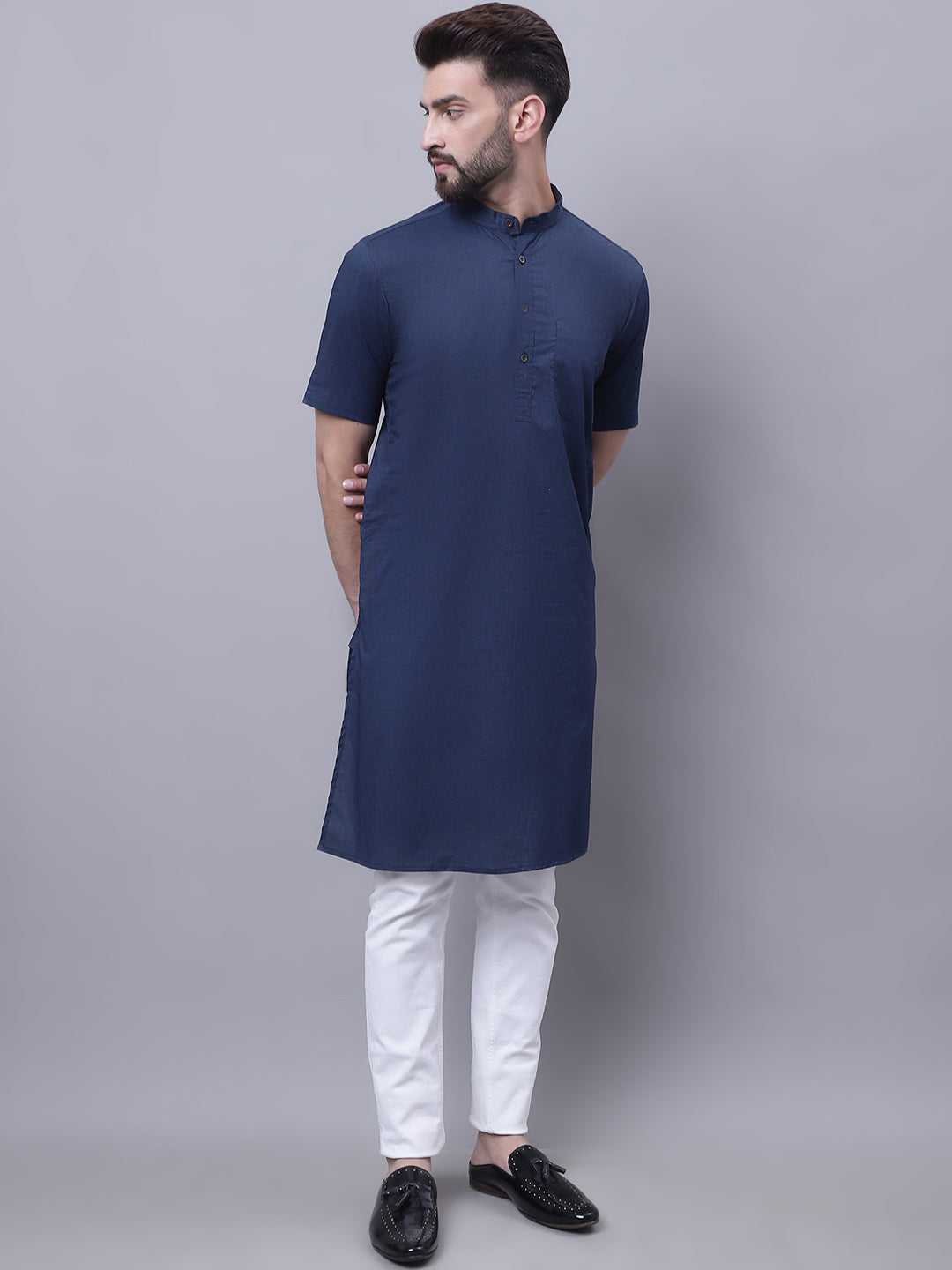 Even Apparels Blue Pure Cotton Short Sleeves Kurta With Band Collar - Distacart