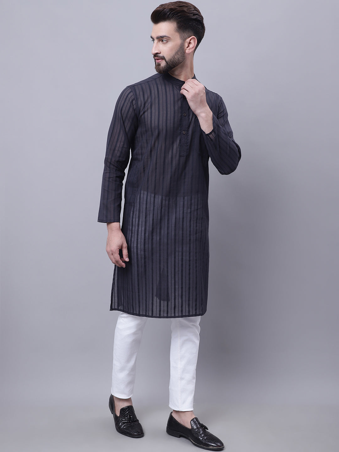 Even Apparels Black Pure Cotton Kurta With Band Collar