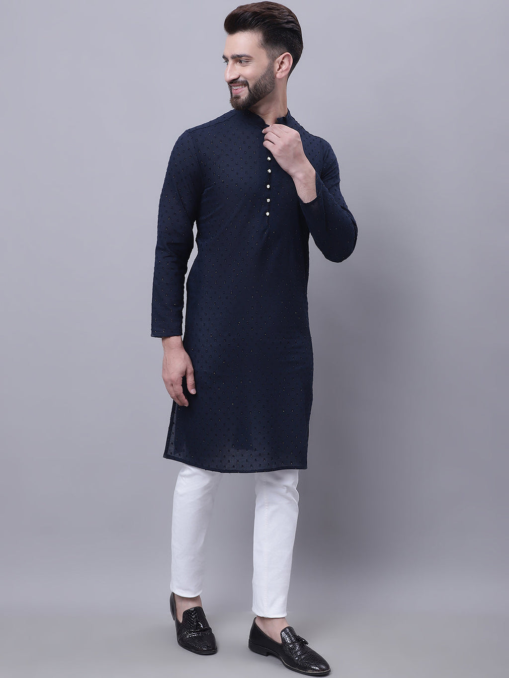 Even Apparels Blue Pure Cotton Kurta With Band Collar - Distacart