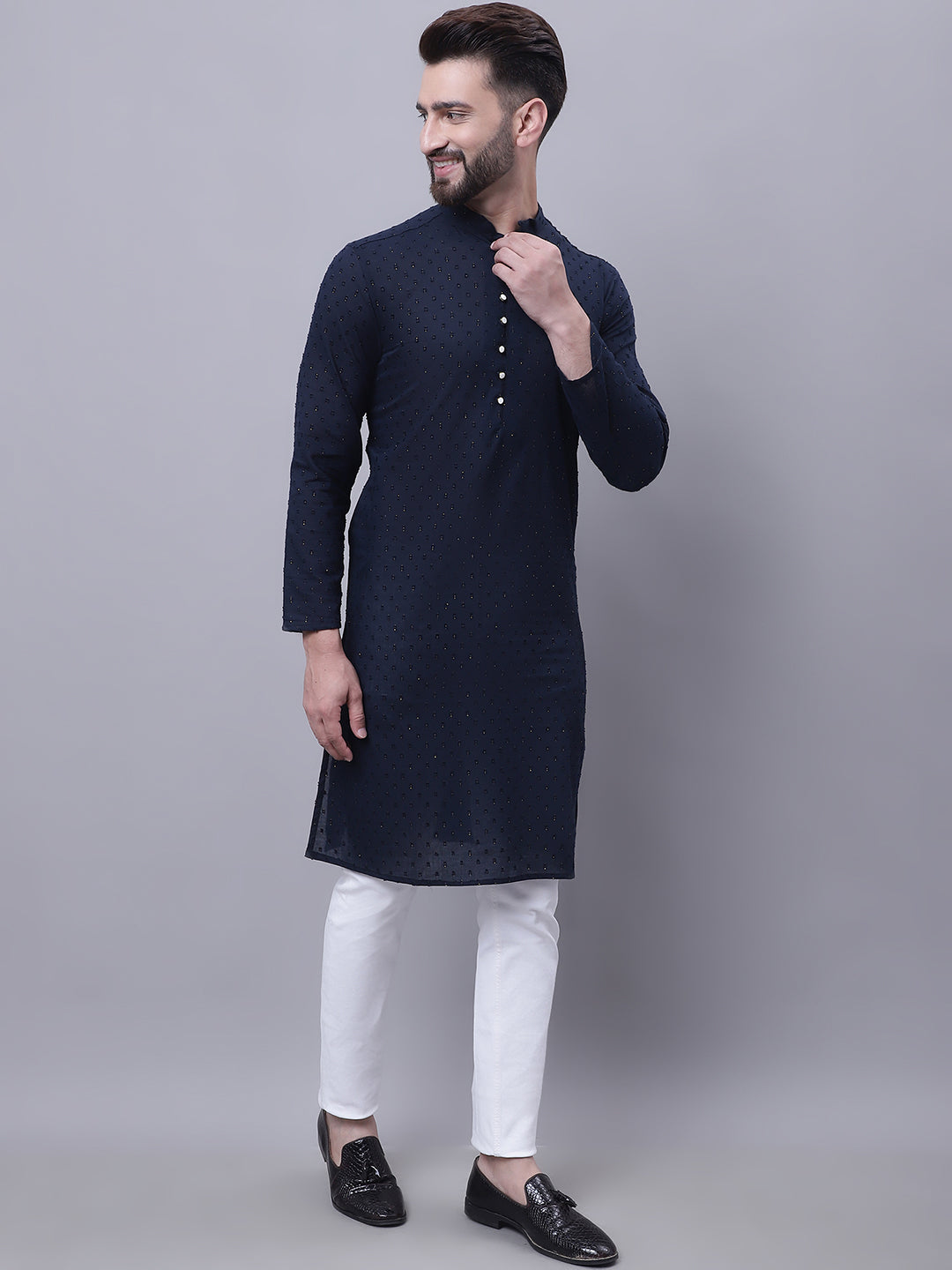 Even Apparels Blue Pure Cotton Kurta With Band Collar - Distacart