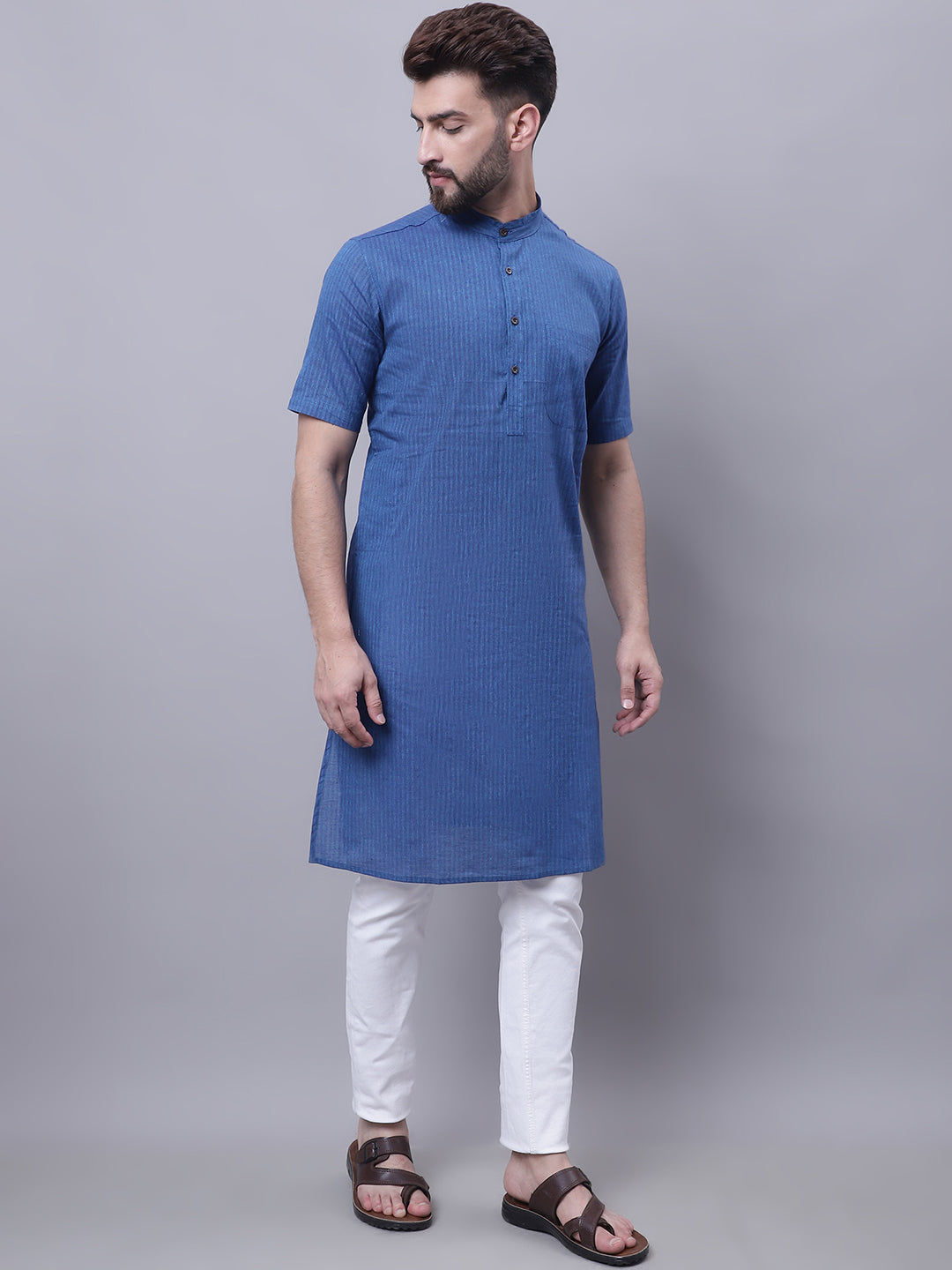 Even Apparels Blue Pure Cotton Short Sleeves Kurta With Band Collar - Distacart
