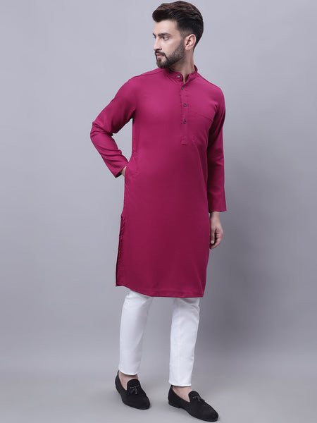 Even Apparels Wine Pure Cotton Kurta With Band Collar