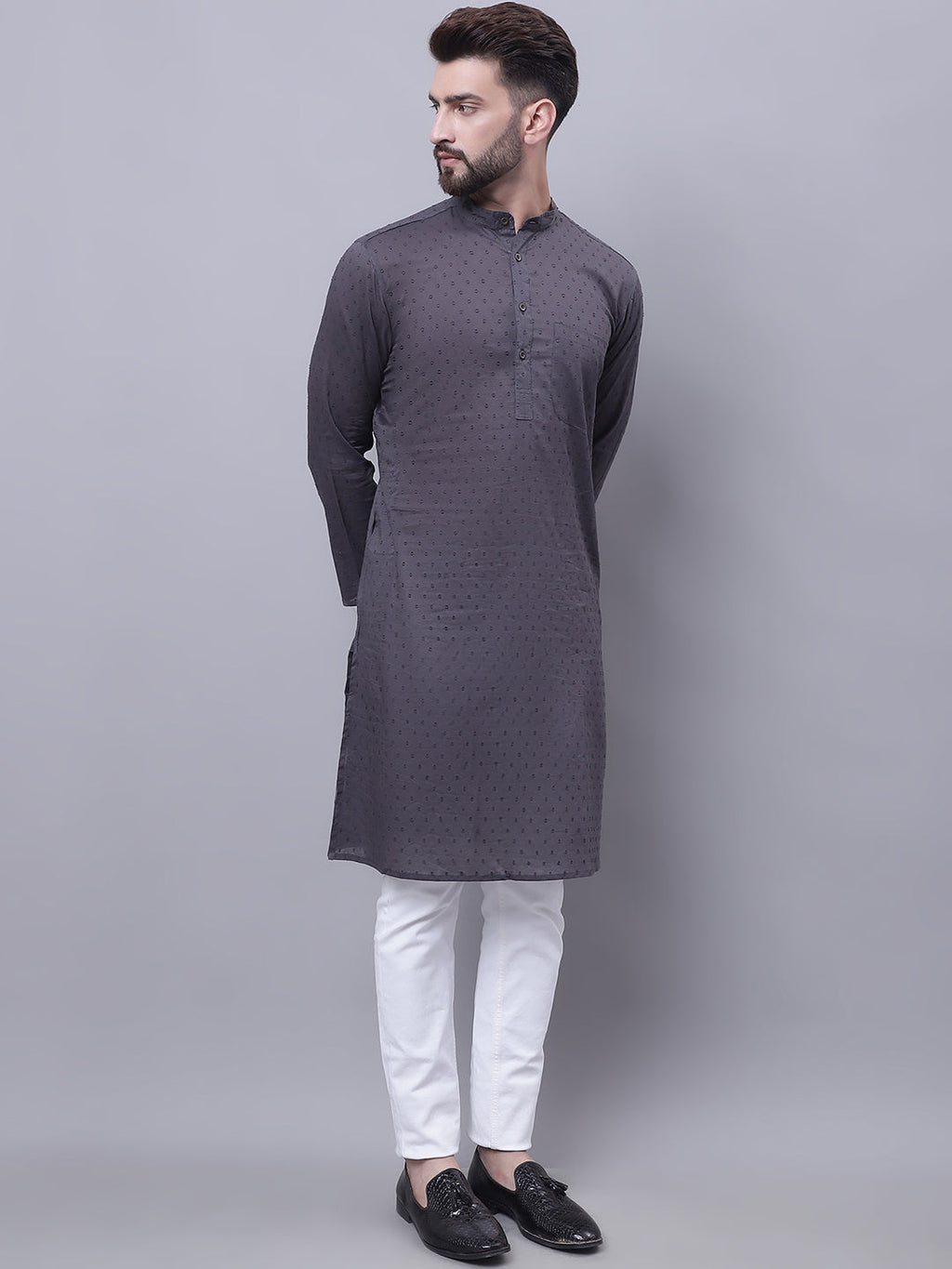 Even Apparels Grey Pure Cotton Kurta With Band Collar - Distacart