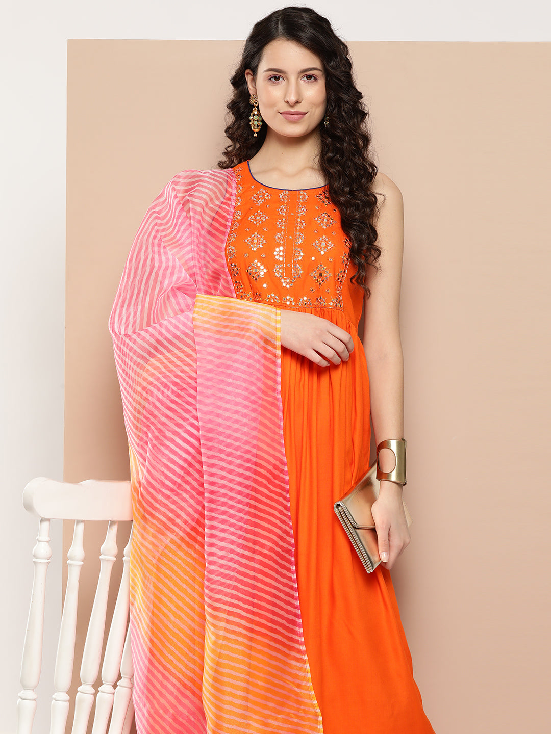 InWeave Women's Orange Mirror Work Aline Strappy Kurta Set W Pink Yellow Leh Dupatta