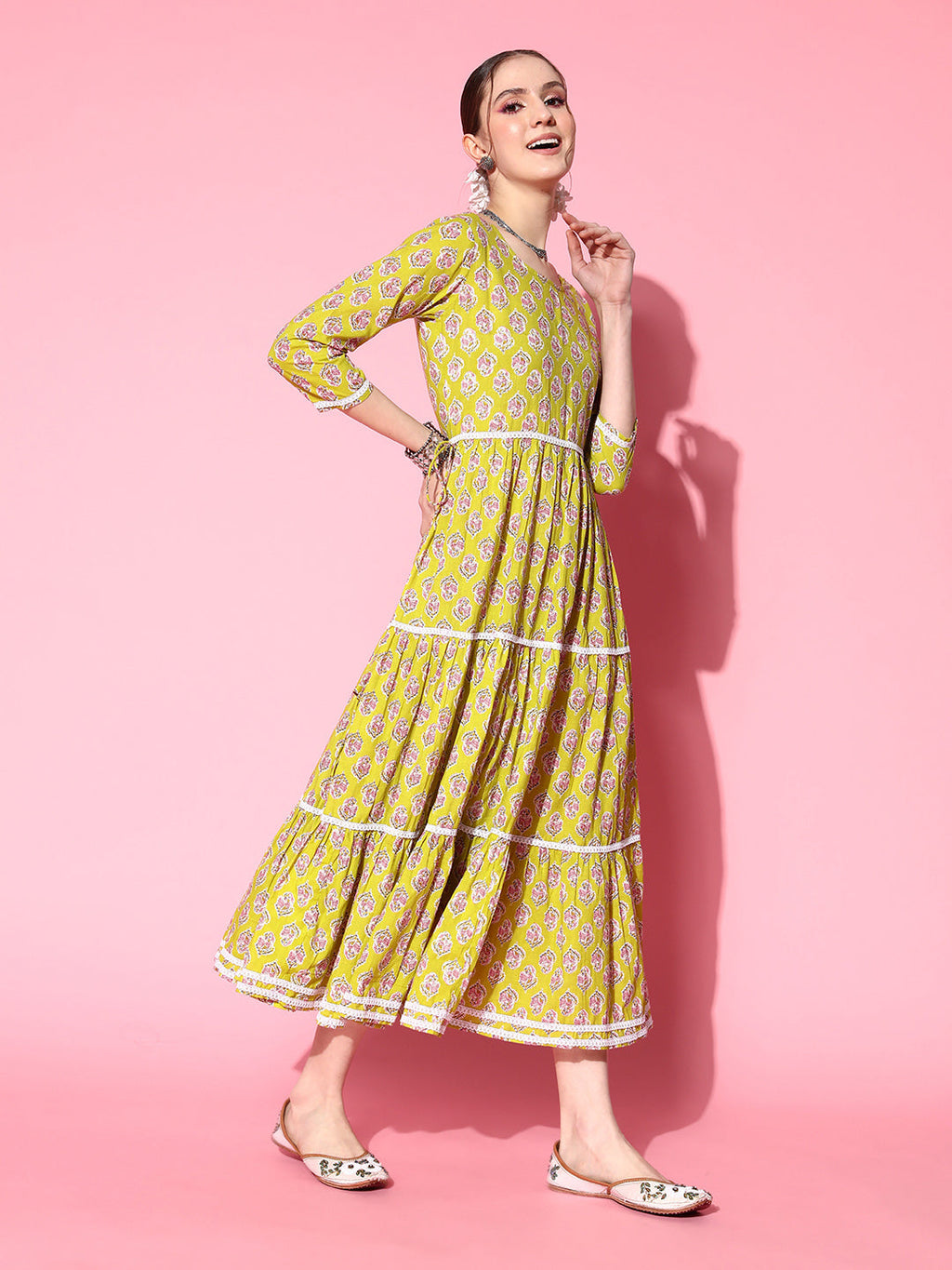 InWeave Women's Yellow Floral Print Tiered Dress With Lace - Distacart