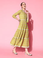 InWeave Women's Yellow Floral Print Tiered Dress With Lace - Distacart