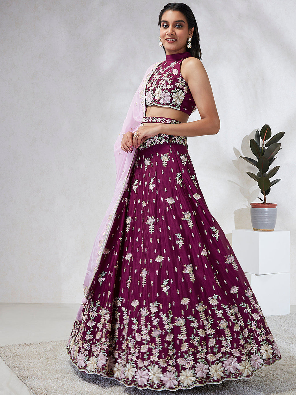 House of Panchhi Burgundy Pure Georgette Sequins And Thread Embroidery Lehenga Choli & Dupatta