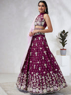 House of Panchhi Burgundy Pure Georgette Sequins And Thread Embroidery Lehenga Choli & Dupatta