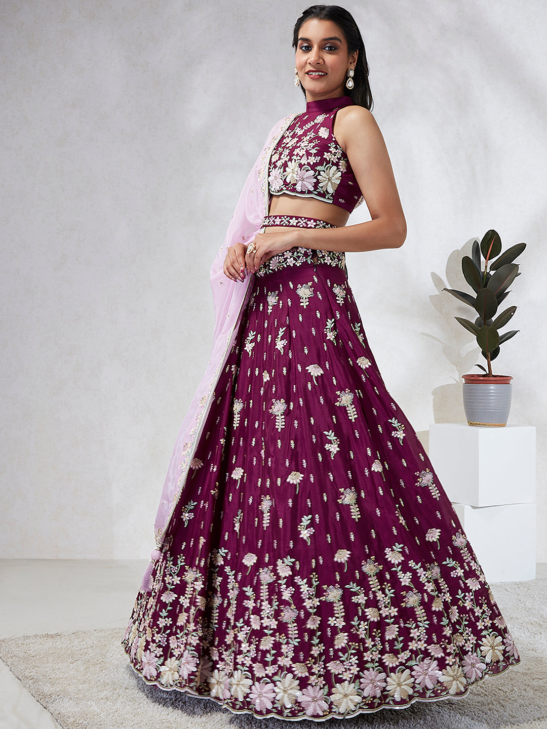 House of Panchhi Burgundy Pure Georgette Sequins And Thread Embroidery Lehenga Choli & Dupatta