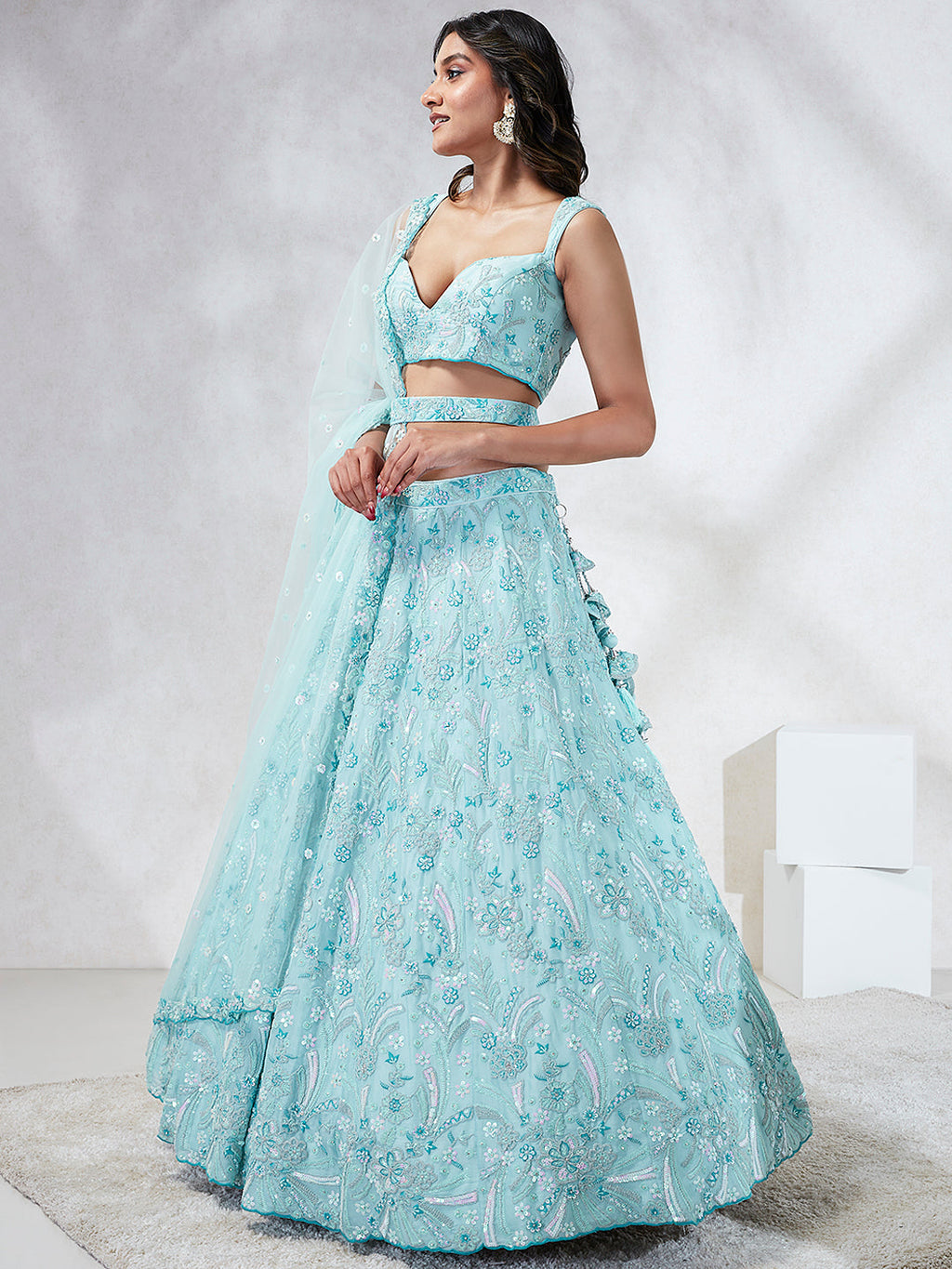 House of Panchhi Turquoise Blue Georgette Sequins And Thread Embroidery Lehenga Choli & Dupatta