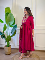 The52 Women's Gorgeous Vichitra Silk Embroidery Flared Kurta with Palazzo And Dupatta Set - Distacart